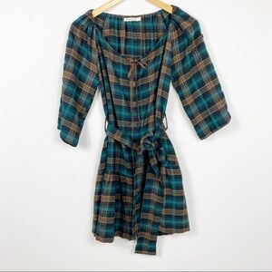 Hazel Blue, Teal & Tan Plaid Shirt Dress Small